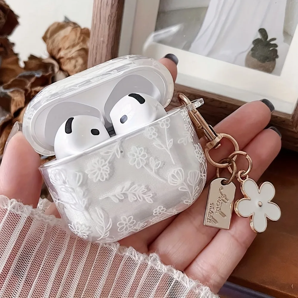 Elegante Kopfhörerhülle mit weißem Blumenmuster für Apple AirPods Pro2/Pro3/Pro Kopfhörerhülle für AirPods 4/3/1/2 Schutzhüllen Image