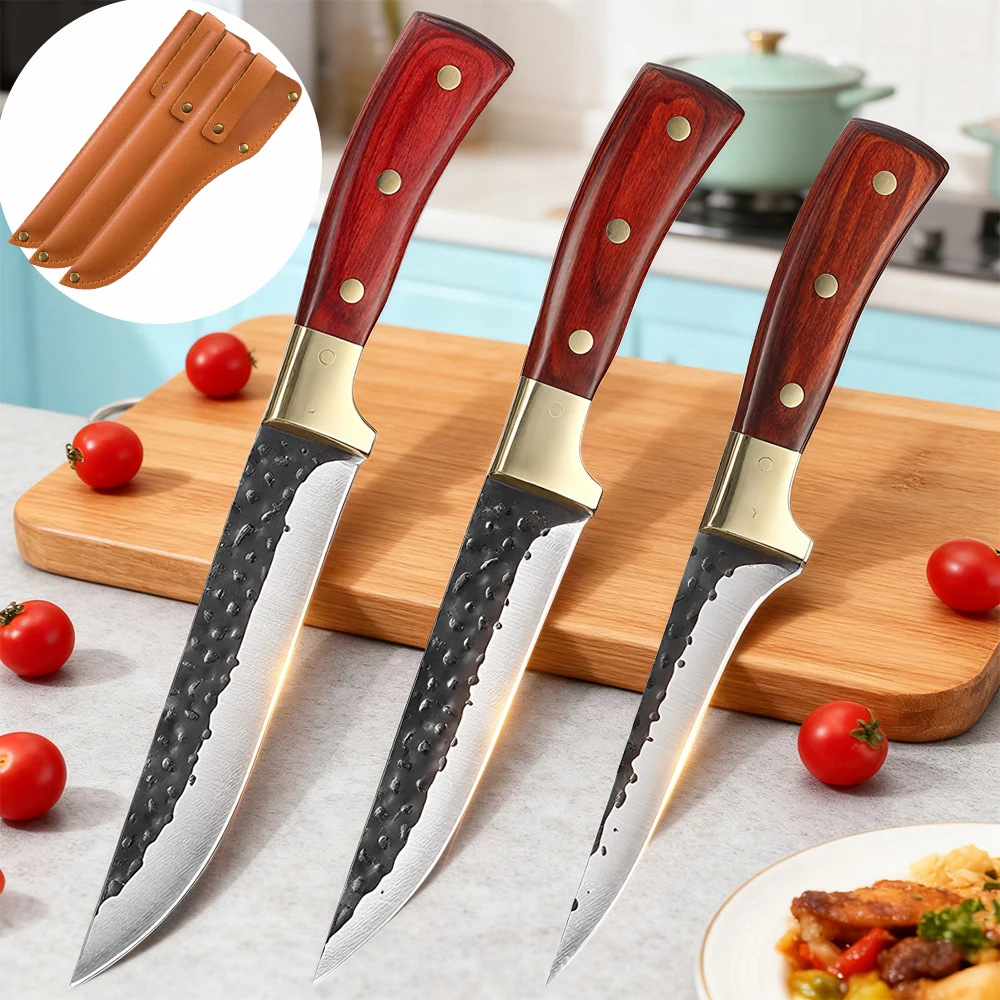 3-teiliges, ultrascharfes Ausbeinmesser-Set, handgeschmiedetes Metzgermesser mit rotem Palisandergriff, Lederscheide zum Schneiden von Fleischknochen, Grillen Image