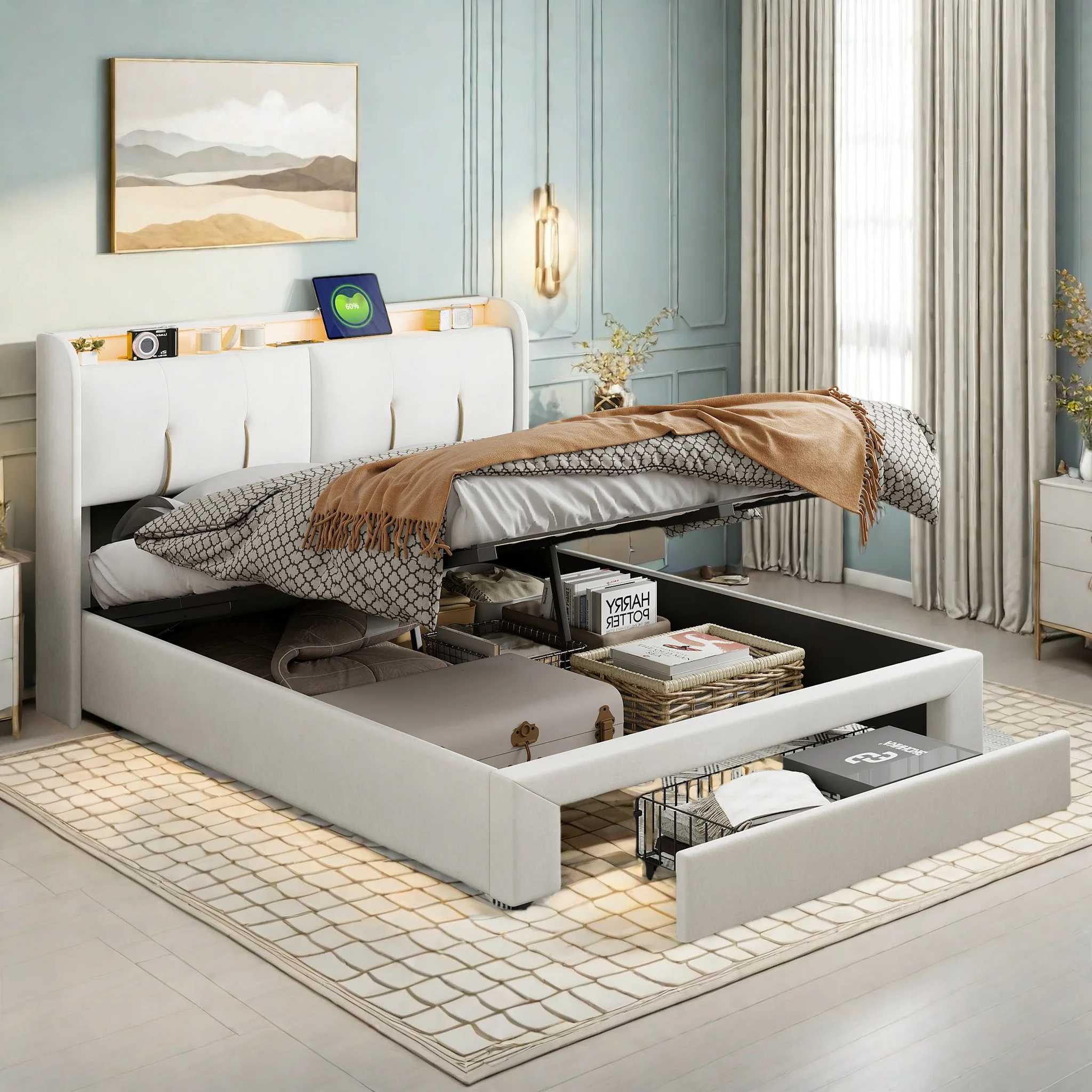 Rosahqnda Stauraumbett 140/160x200 cm mit LED, gepolstertes Bett, hydraulisch mit Stauraum, Doppelbett mit Kopfteil Image