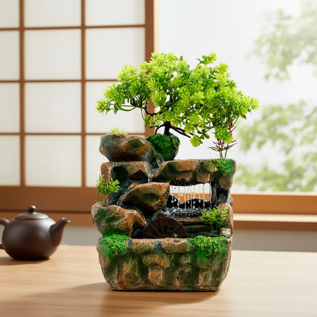 Tischbrunnen mit Farbwechsel-LED-Lichtern, Harz-Wasserfall für Schreibtisch mit Wasserrad, für Heim-, Büro- und Wohnzimmerdekoration Image