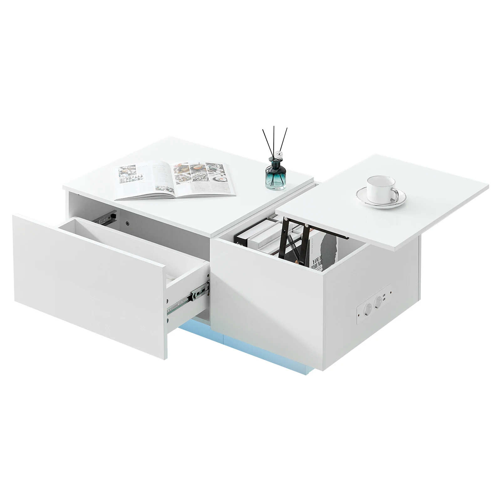 100x55x40cm Hochglanz Sofatisch mit Ladestation, Wohnzimmertisch mit hochklappbarer Arbeitsplatte