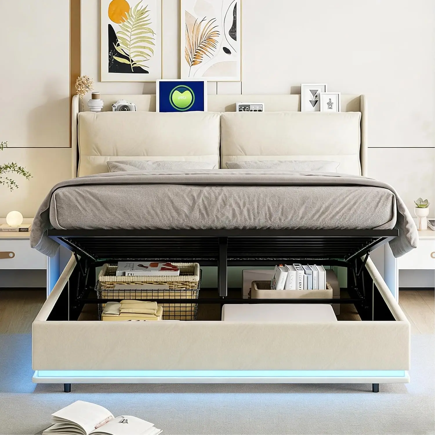 Rosahqnda Polsterbett mit LED-Beleuchtung, hydraulisches Doppelbett, Kopfteil mit Stauraum und Ladestation, funktionales Jugendbett