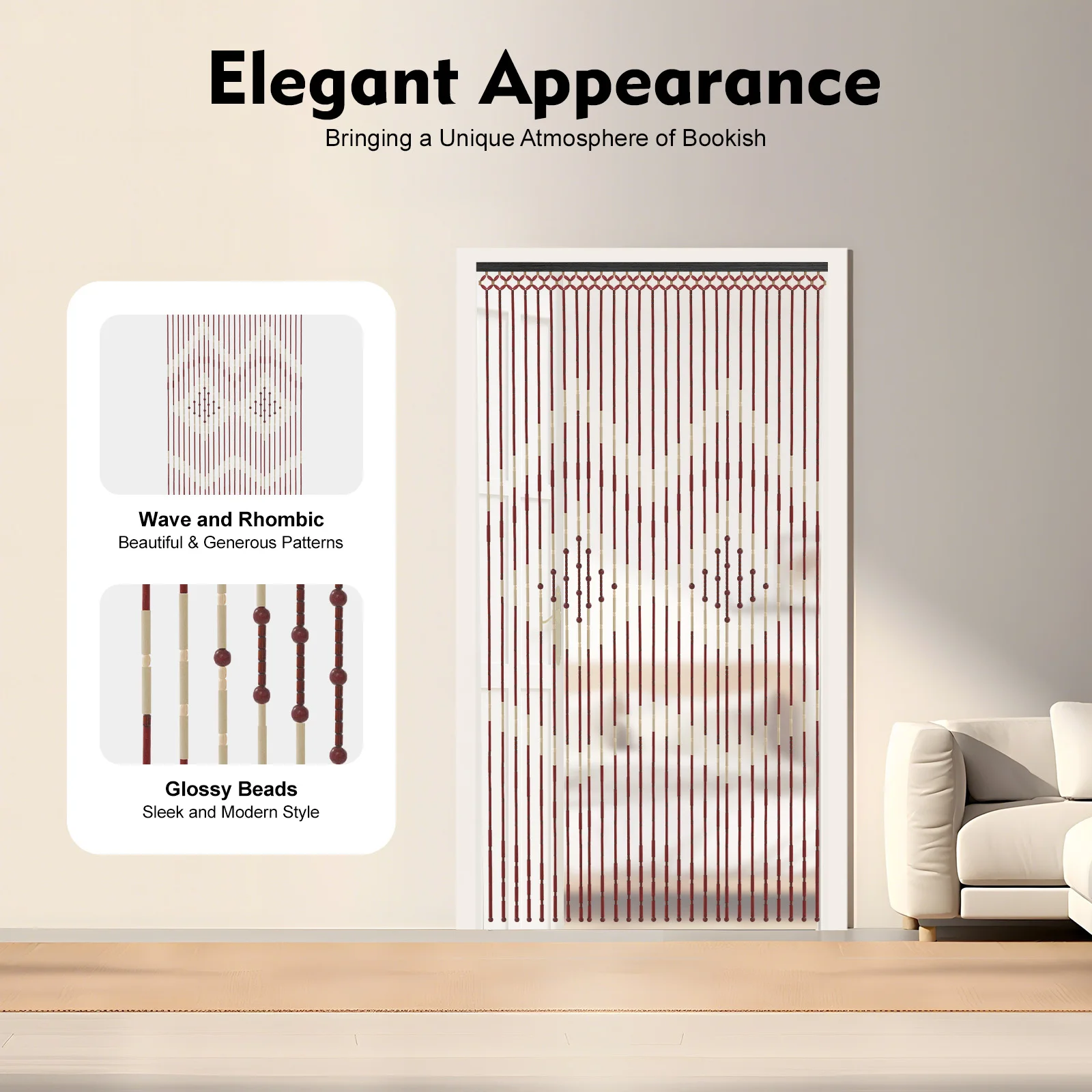 Bambus-Perlenvorhang für Türen, 90x175cm, Holzperlen-Türvorhang, Hängende Jalousie für Bad, Schlafzimmer, Veranda Image