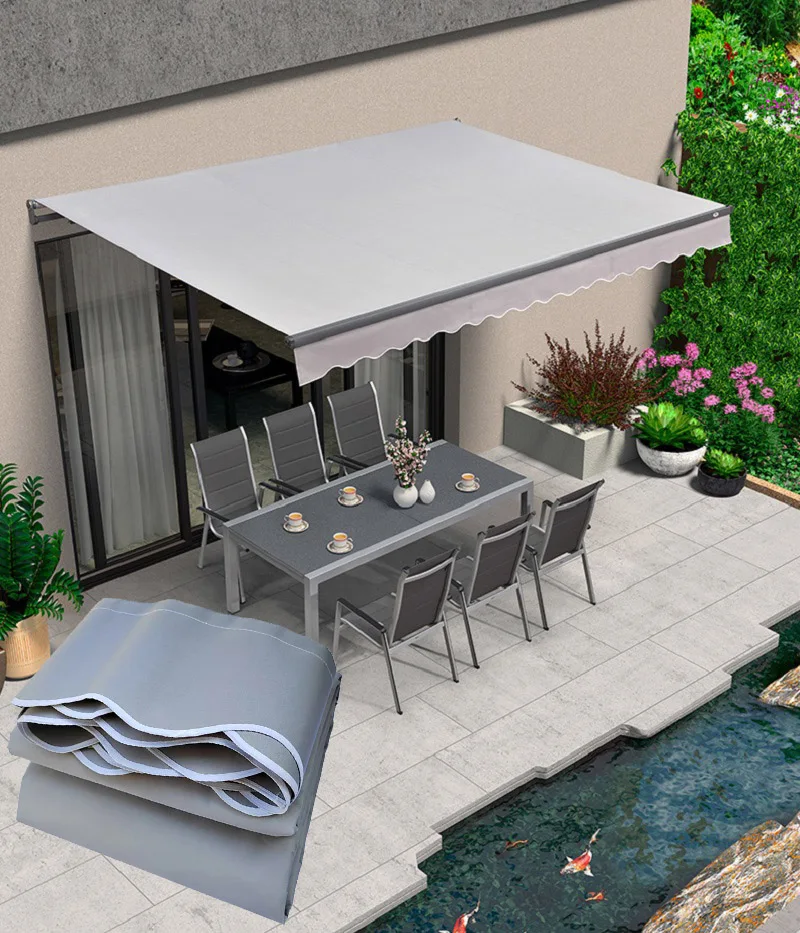 Hellgraues, schweres, einziehbares Sonnenschutznetz aus Stoff für den Außenbereich, Balkon, Terrasse, verstellbare Markise, Teleskop-Überdachung, Stoff ersetzen Image