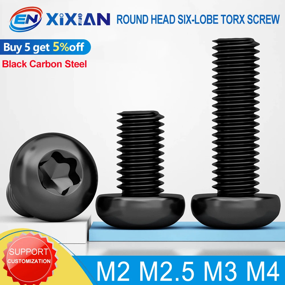 M2 M2,5 M3 M4 Sechslappen-Torx-Rundkopfschraube, Güteklasse 10,9, schwarze Torx-Halbrundkopfschrauben, Länge 4–20 mm, für Maschinenbolzen, 30–100 Stück Image