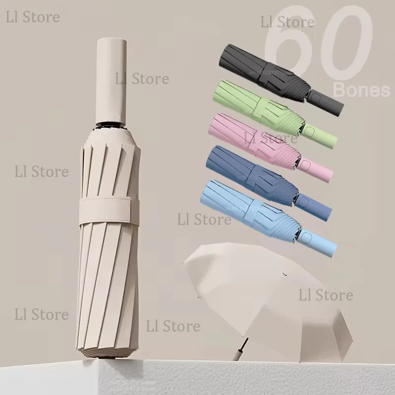 Automatischer Regenschirm mit 60 Rippen, einfarbig, leicht zusammenklappbar, großformatig, wasserdicht, Sonnenschutz, UV-Schutz Image