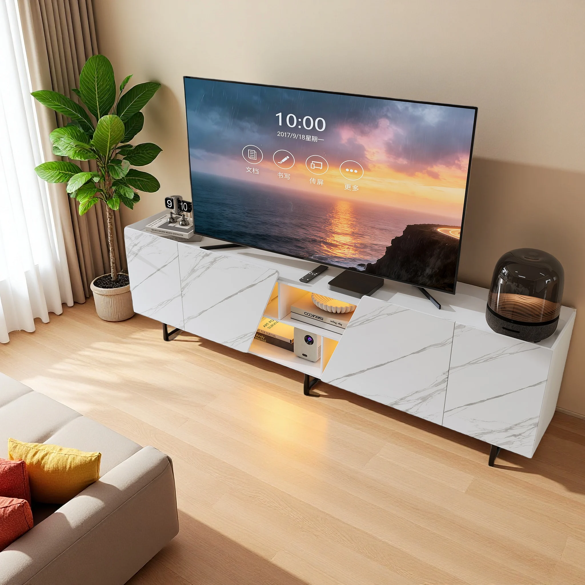 Comanlai 220cm LED TV-Schrank, Modernes Lowboard TV-Lowboard mit 4 Türen und offener Ablage für Wohnzimmer, Marmorimitat Weiß
