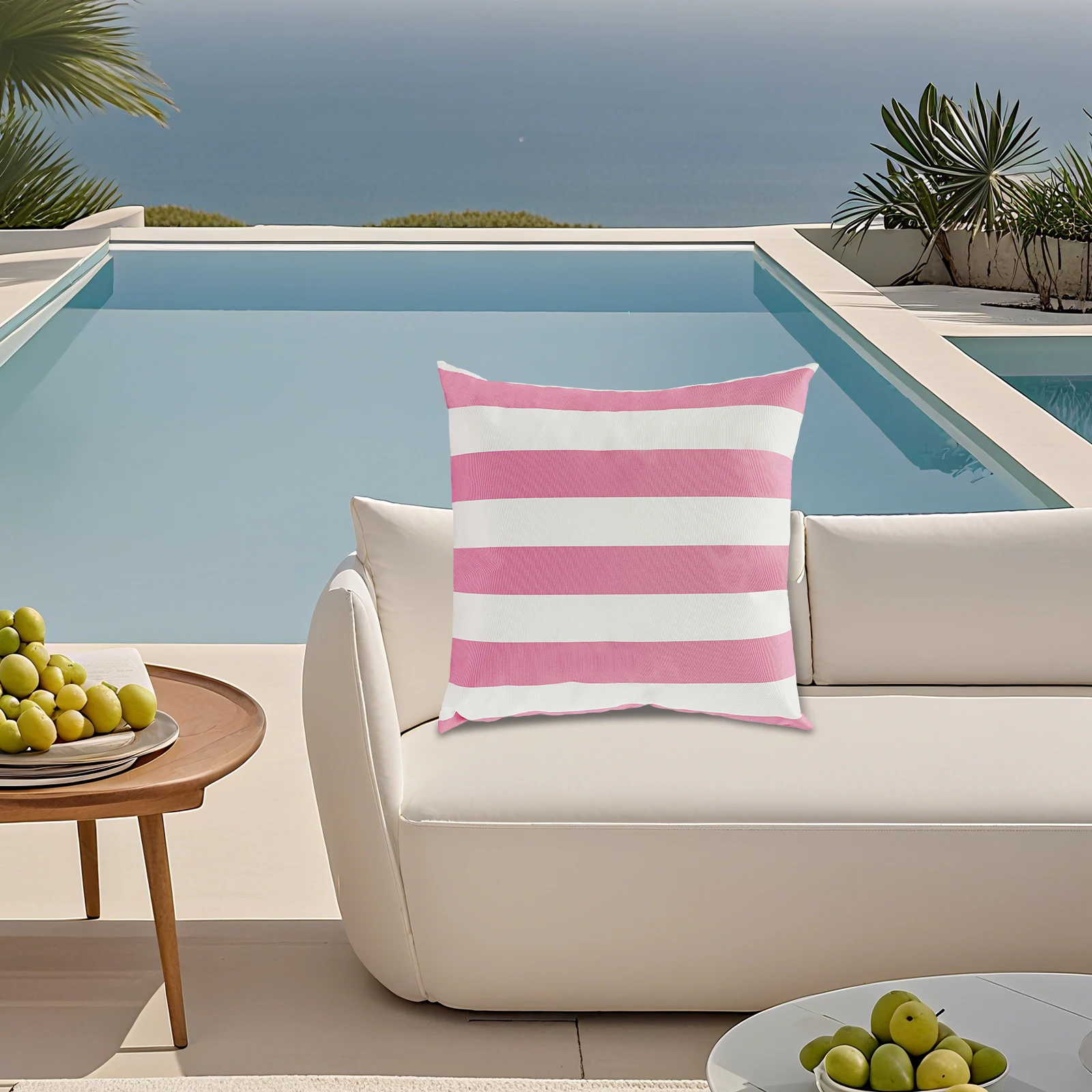 Wasserdichtes Outdoor-Sofakissen, wasserdichter dekorativer Kissenbezug für Gartensofa, Wohnzimmer, Bett, 45 x 45 cm, gestreift, rosa, weiß