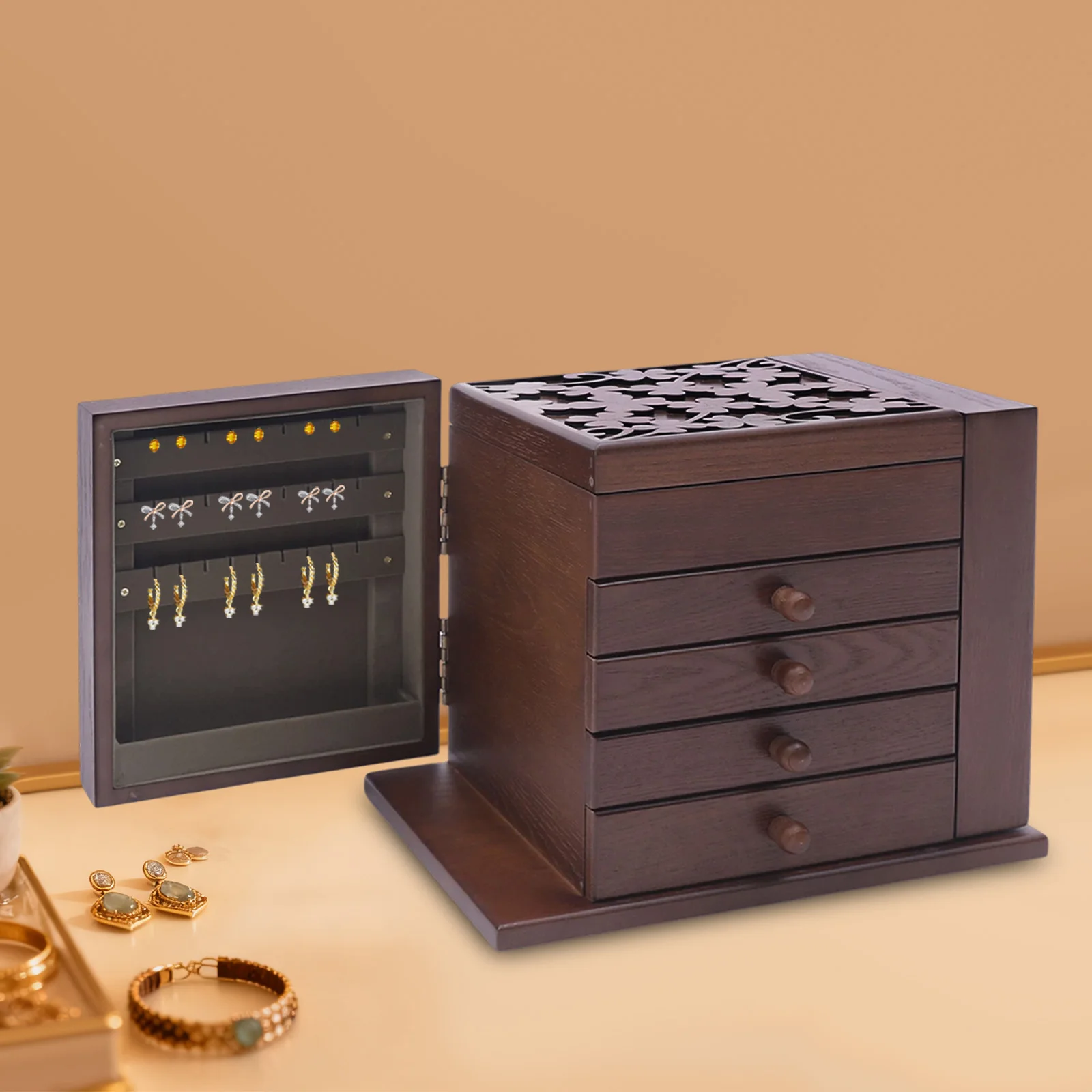 Rechteckige 5-stöckige Schmuckbox Tischmodell 4 Schubladen MDF Schmuckaufbewahrung Organizer mit Eingebautem Spiegel für Schminktisch