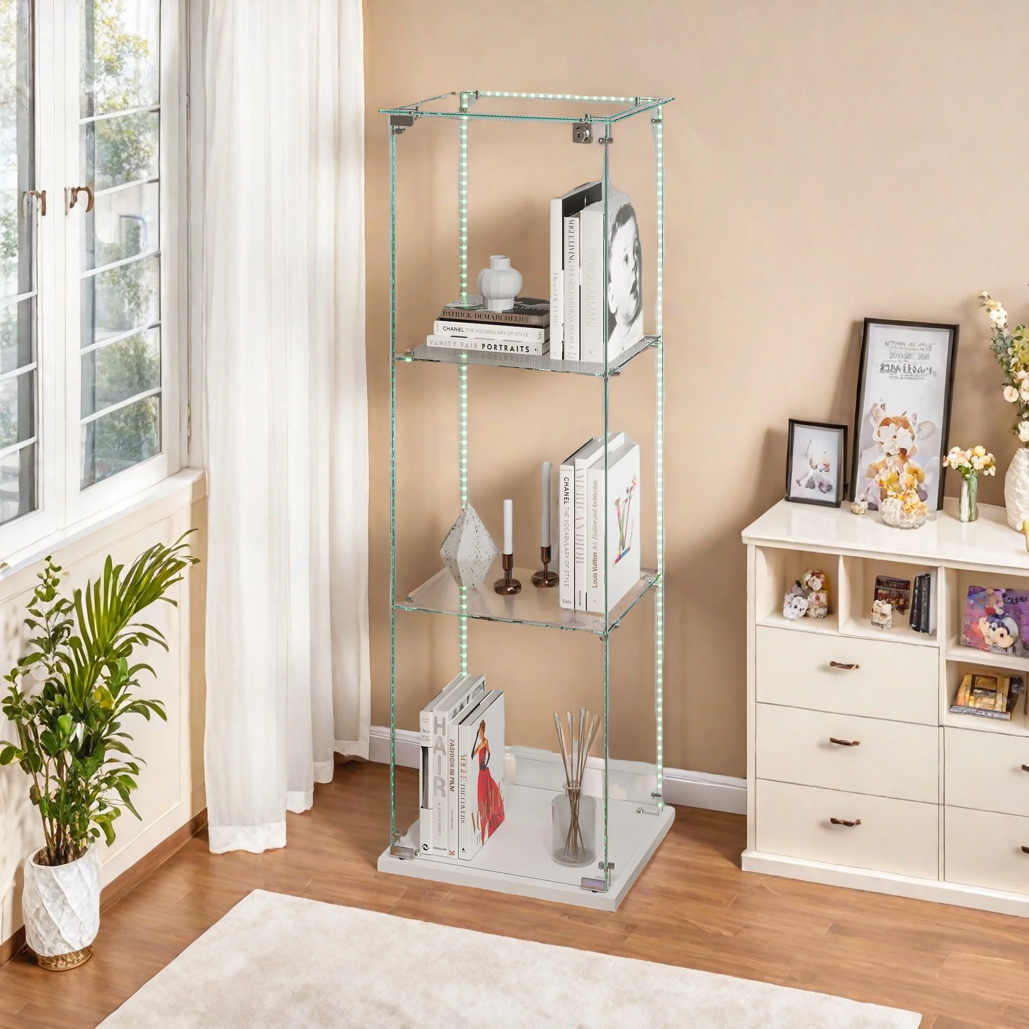 Anajqaqia 123,3×39,8×35 cm Weiße Dekorative Regale, 3-Schichtige Glasvitrine mit LED-Streifen, 1 Tür und Schloss Image