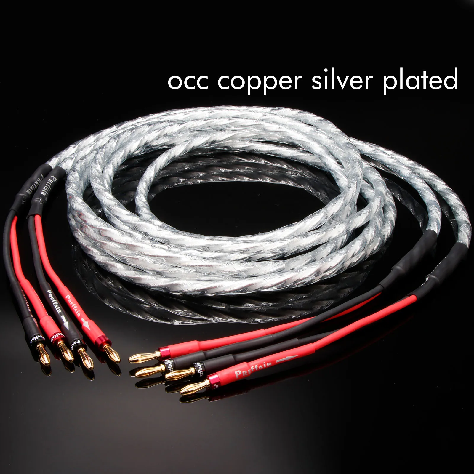 Paar-Lautsprecherkabel 2x Bananenstecker auf 2x Bananenstecker 6N OCC versilbert Biwire-Lautsprecherkabel Rhodium-Bananenstecker mit Kohlefaser Image