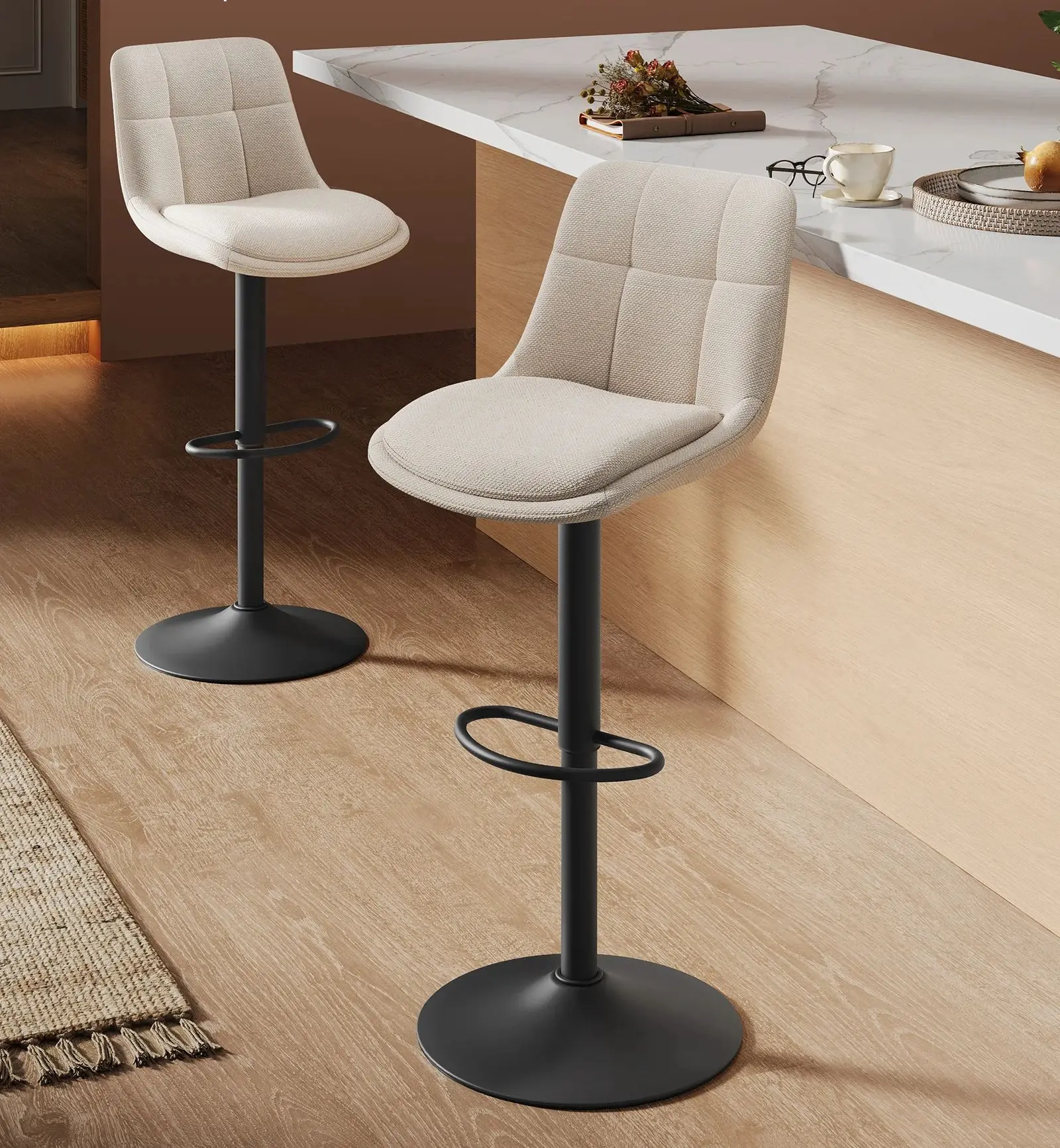 VASAGLE 2 Barstühle, Barhocker mit Rückenlehne und Fußstütze, höhenverstellbar, drehbar, Flanell, weiß