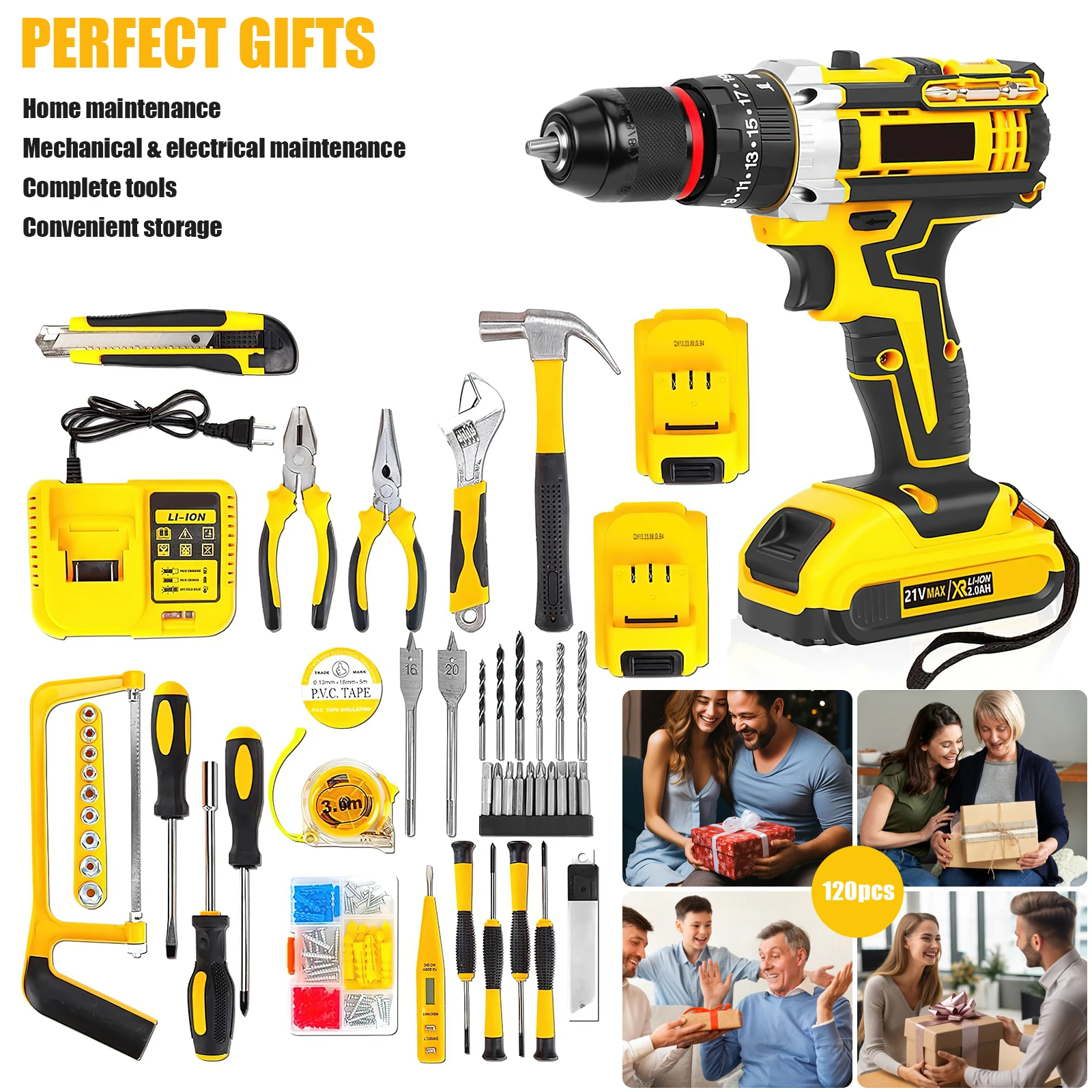 21V Akku-Bohrschrauber-Set, 25 + 3 Drehmomenteinstellungen, Autoreparaturwerkzeug mit Bidirektionalem Bohren für Zuhause, Metall, Holz Image