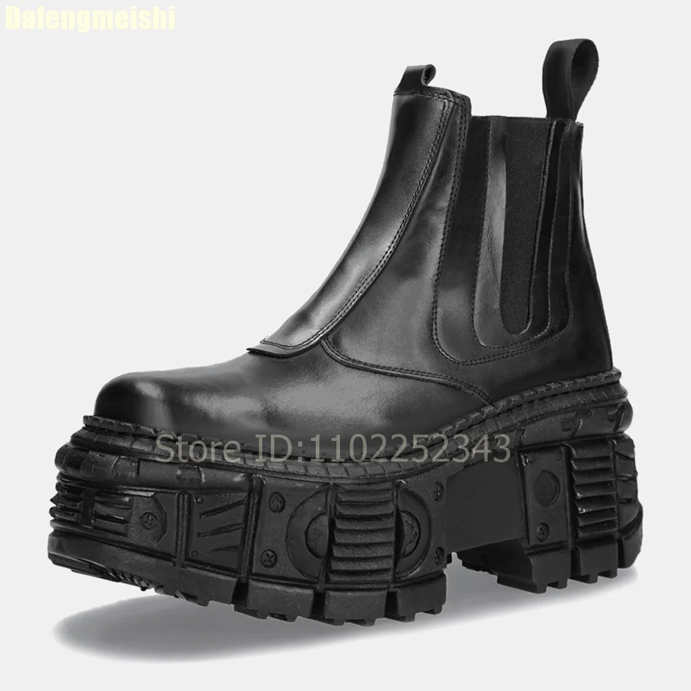 2026 Herbst kurze Stiefel mit dicker Sohle, Leder, Patchwork, elastischer Stoff, zum Hineinschlüpfen, Street-Style, Punk-Stiefel, trendige Plateaustiefel