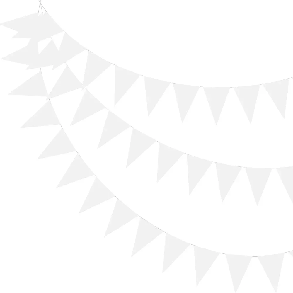 10 m weiße dreieckige Wimpelfahnen aus Kunststoff, Hochzeits- und Geburtstagsfeier-Dekoration, Outdoor-Wimpelkette für Camping, Garten, Babyparty Image