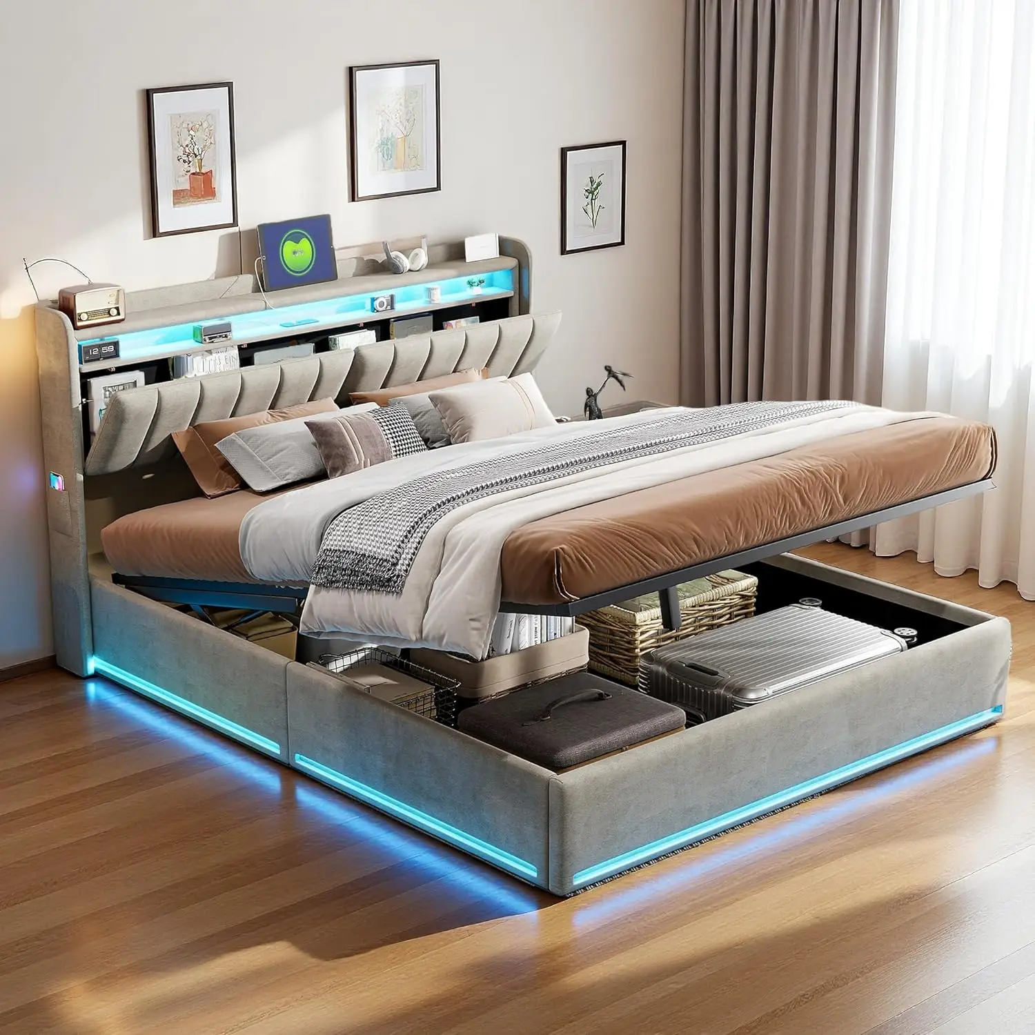 Superaly Polsterbett, Hydraulisches Bett mit Bettkasten und Lattenrost, Kopfteil mit Stauraum, LED-Beleuchtung und USB-Ladeanschluss Image