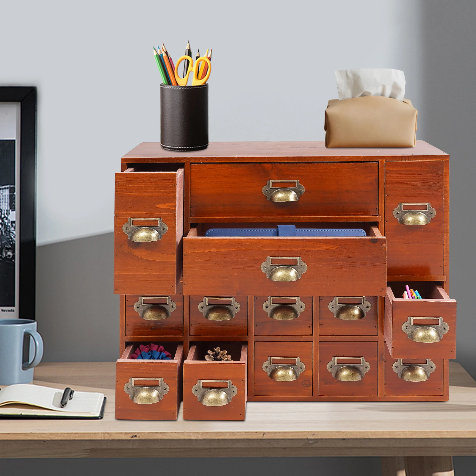 14-Fach Schubladenorganizer, Schreibtisch-Apothekerschrank & Kartenkatalog, Großraumige Aufbewahrung für Kleinteile, Kräuter, Teebeutel