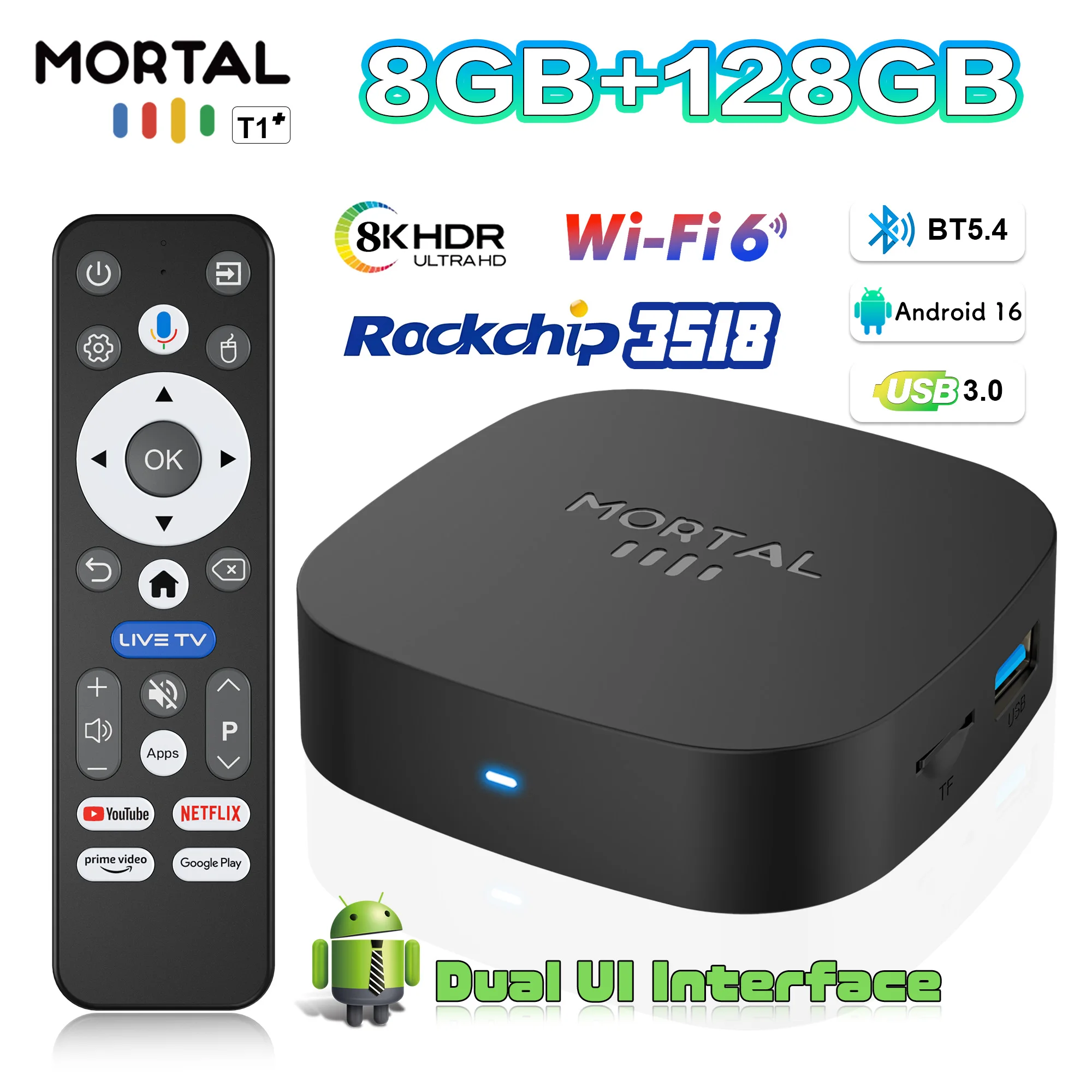TV Box Android 16.0 RK3518 8GB RAM 128GB ROM Dual Wifi 2.4G/5.8G T1+ 8K Voice HD, Lettore Multimediale Home Theater, Modello 2026 di Grande Successo