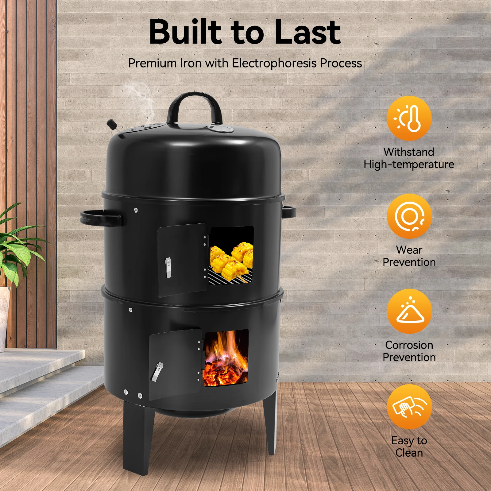 2-lagiger Holzkohle-BBQ-Fleischgrill, Räucherbox, geräucherter Grillofen, Kochen, multifunktional, 3-in-1, geräuchert, geschmort, gegrillt Image