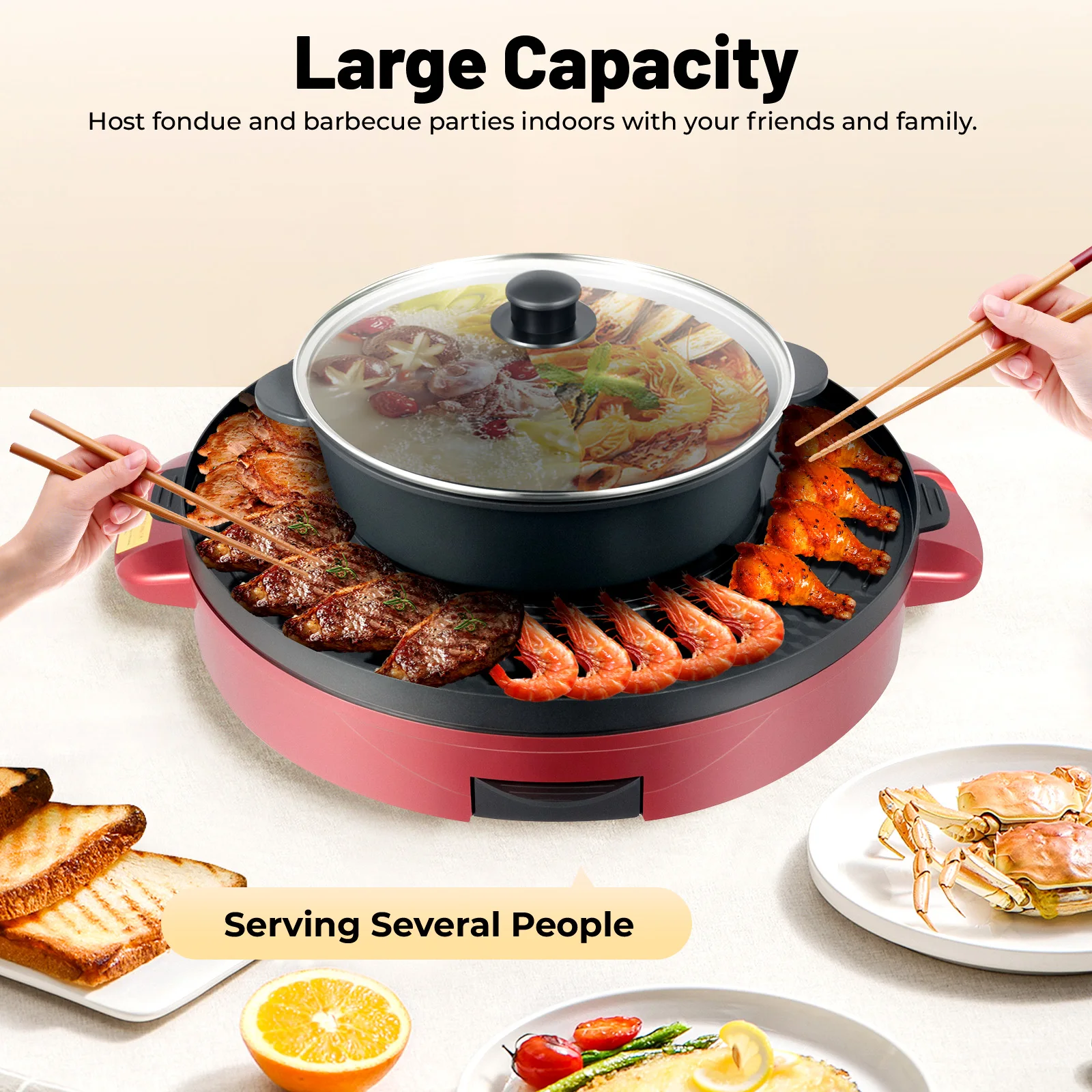Elektrischer Grill-Hotpot-Topf mit Grillplatte, Elektrischer Barbecue-Herd mit zwei separaten Kochtöpfen Image
