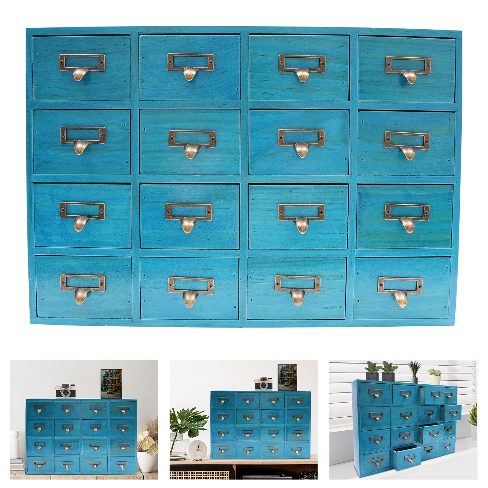 16 Schubladen Blauer Apothekerschrank, Rechteckiger Holz-Schreibtisch-Schubladenorganizer 50,5*9,5*35cm für Wohnzimmer, Kommode