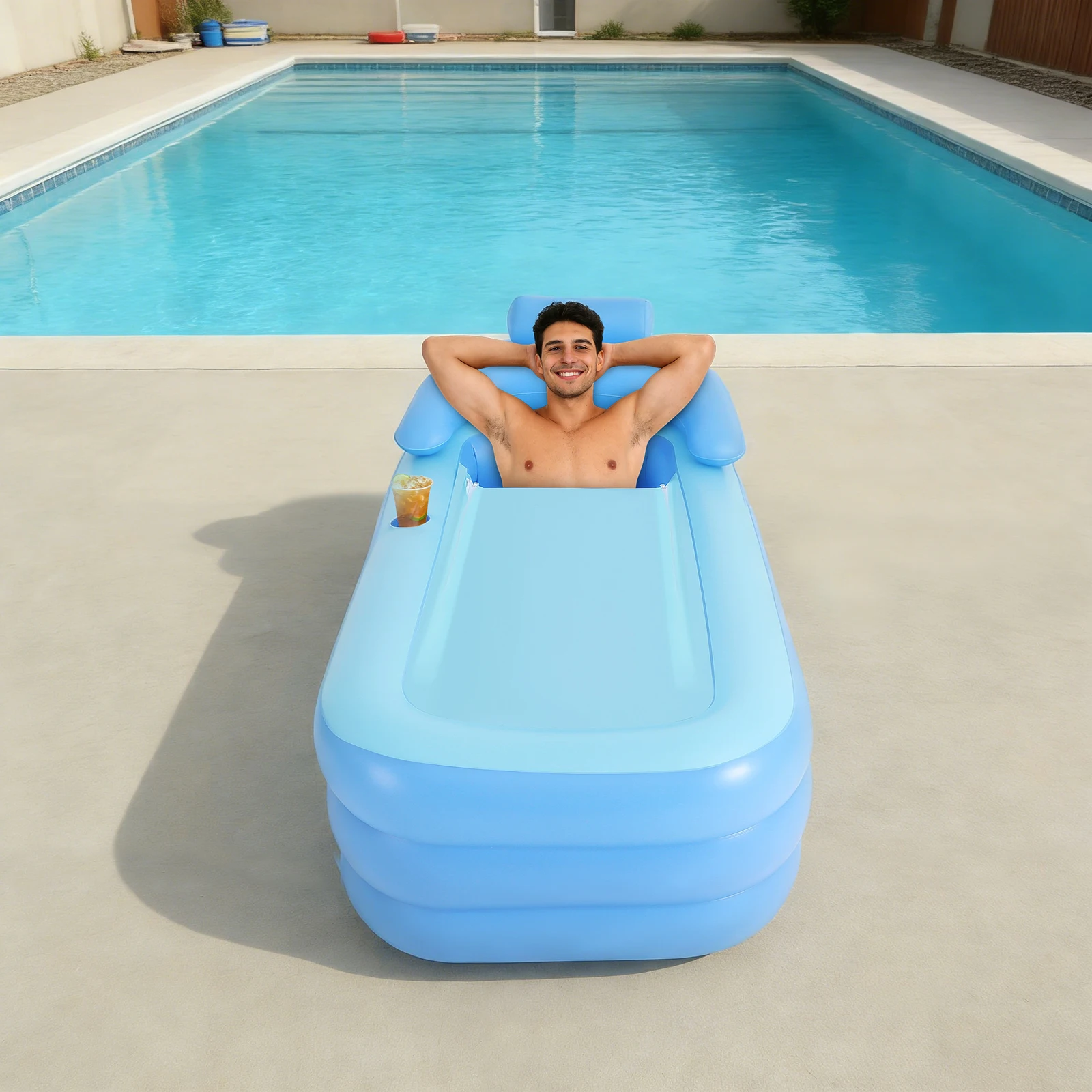 Aufblasbare Badewanne für Erwachsene, PVC-Pool, faltbare Badewanne mit Getränkehalter, Kissen, Abflussrohr für Erwachsene und Kinder, Spa-Badewanne 150 * 80 cm