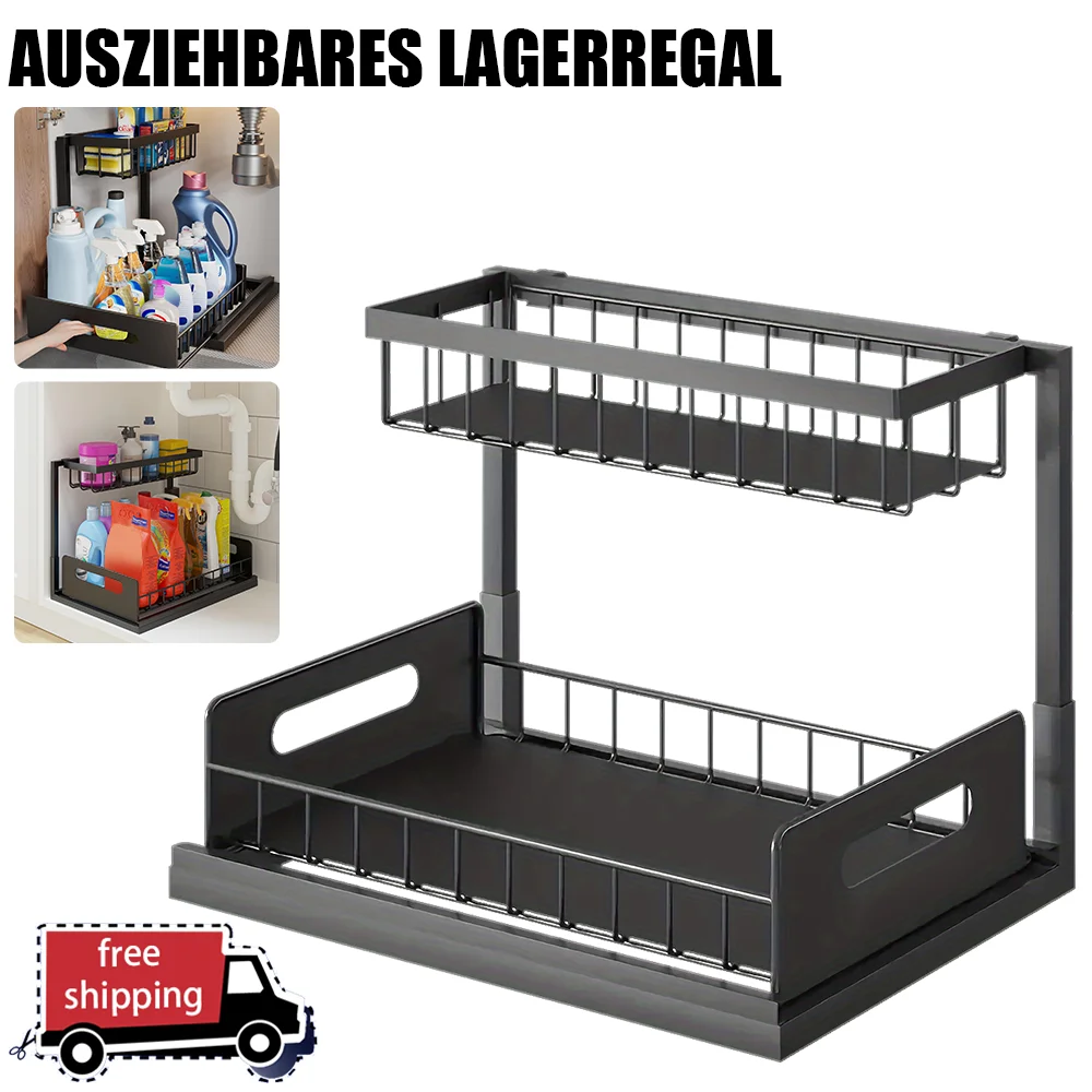 2-stöckiges Ausziehbares Küchen-Aufbewahrungsregal Unterschrank-Organizer Schiebebarer Metall-Schubladenorganizer für Badezimmer und Vorratsschränke