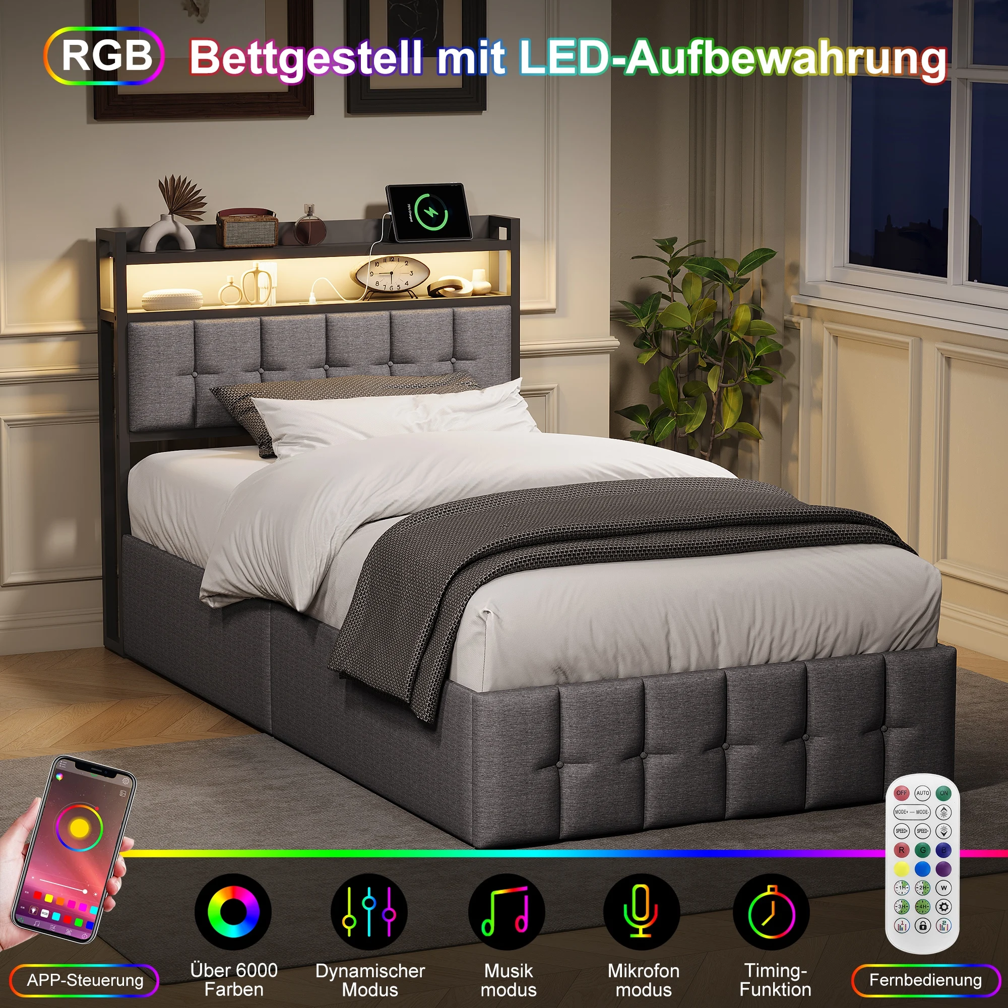 Rosahqnda Polsterbett, 90x200cm, mit LED und USB, offener/geschlossener Stauraum, Einzelbett, Lattenrost, Samt-/Leinenstoff Image