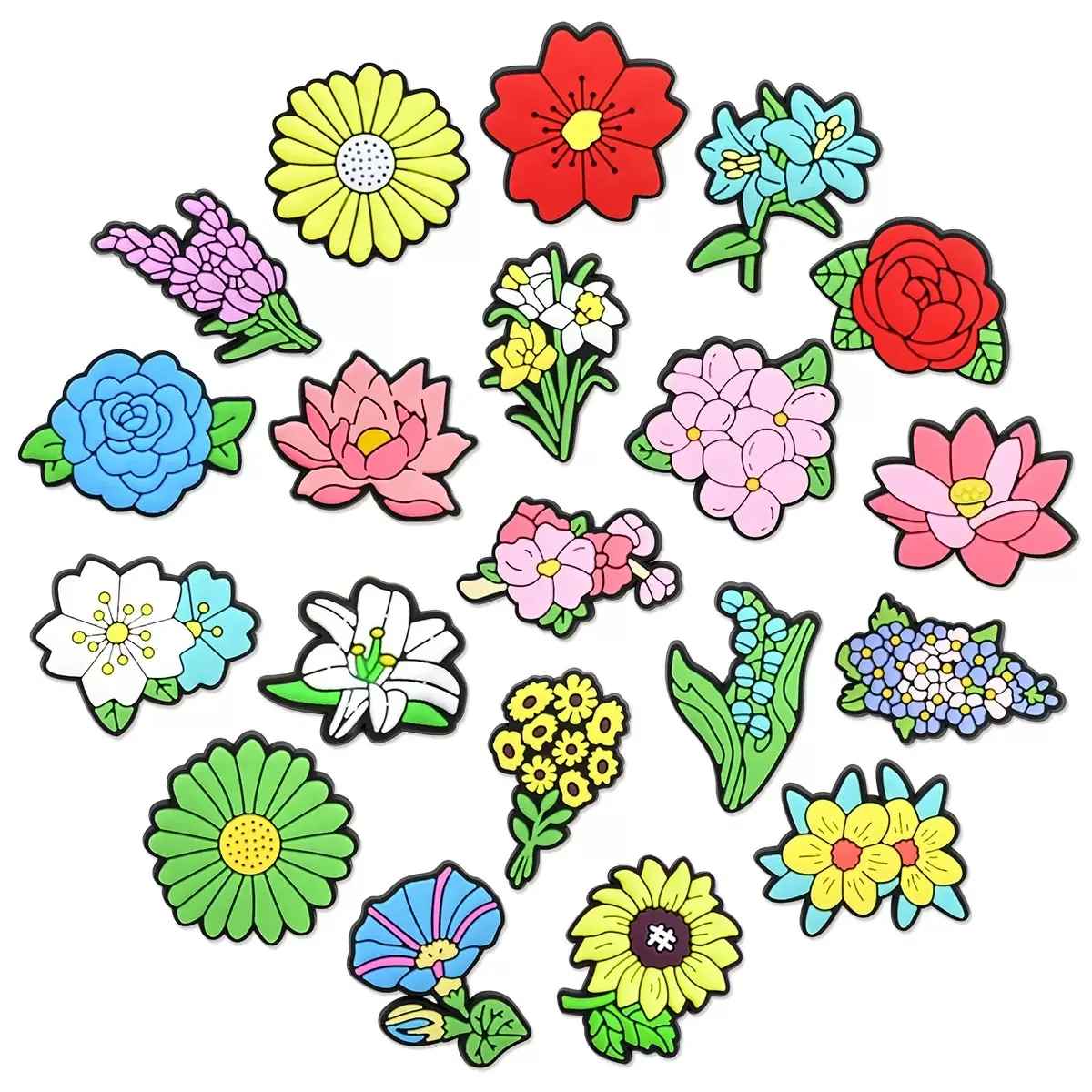 20-100 Stück Sonnenblumen-Rosen-Lotus Schuh-Charms aus PVC, DIY Schuhdekoration, Sandalen-Accessoires, Schnallen für Kinder und Frauen, Partygeschenke