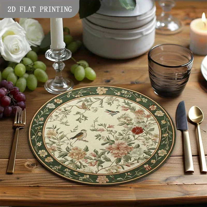 VIKAMA 4-teiliges rundes Tischset-Set, rustikaler Blumen-Vogelmuster-Druck, hitzebeständige und rutschfeste dekorative Tischsets für den Küchentisch