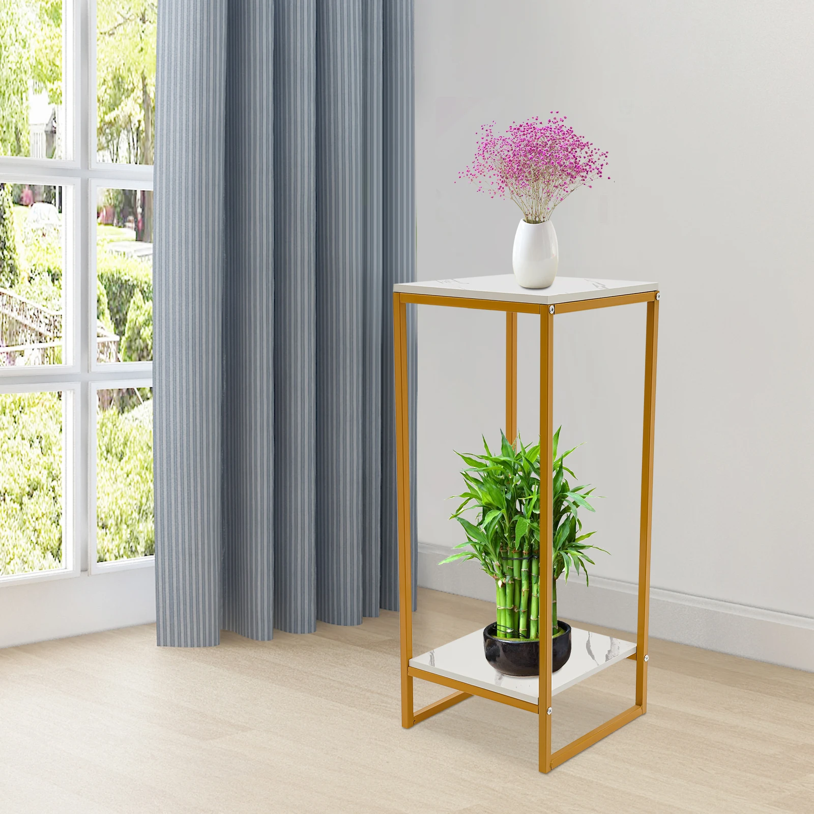 2-stufiger Blumenständer, Metallständer, Pflanzenständer für Zimmerpflanzen, Dekorative Säule, Rutschfestes Design, 30,2*30,2*75cm Image