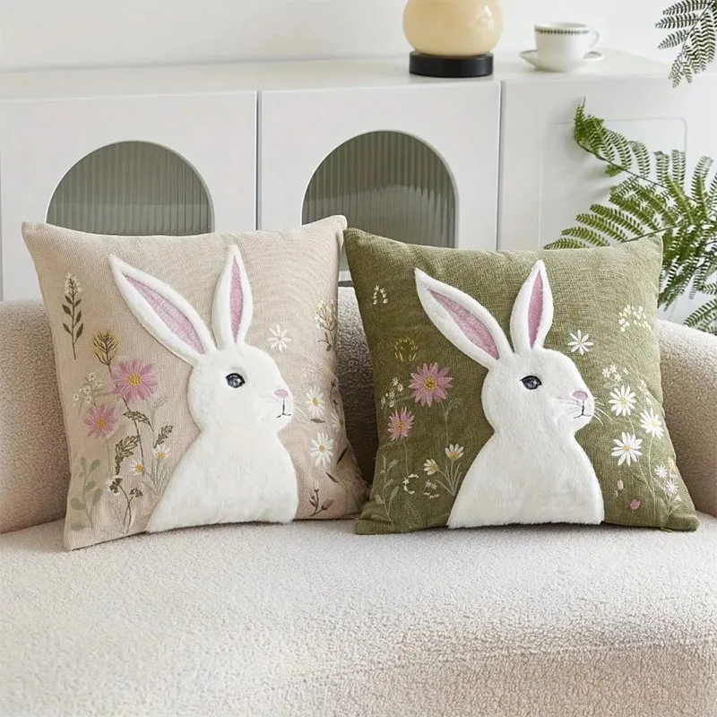 Minimalistische Osterhasen-Kissenbezüge mit wildem Blumenmuster, nicht echte Stickerei, Sofa-Kissenbezug, Heimdekoration für die Frühlingsfeiertage Image