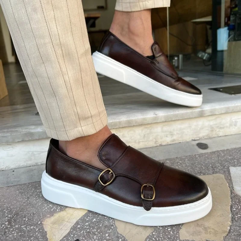 Schwarze Herren vulkan isierte Schuhe Doppels chnalle Mönch Herren Sportschuhe braun Slip-On solide hand gefertigte Turnschuhe Herren schuhe
