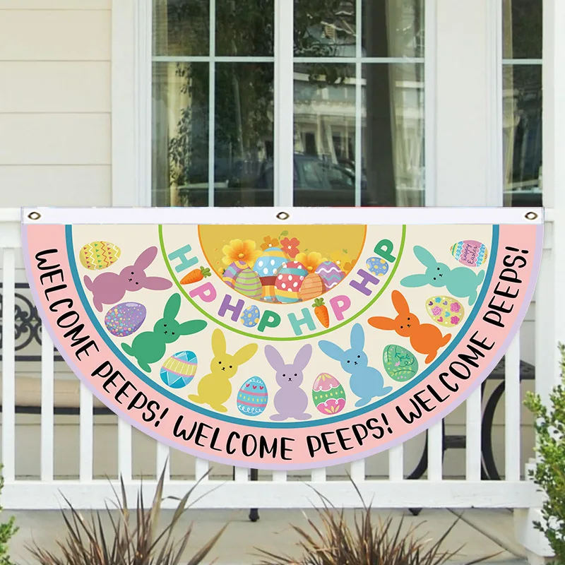VIKAMA Oster-Willkommensbanner Bunter Hase & Ei Outdoor-Zaun-Hängeflagge Frühlings-Party-Dekoration Image