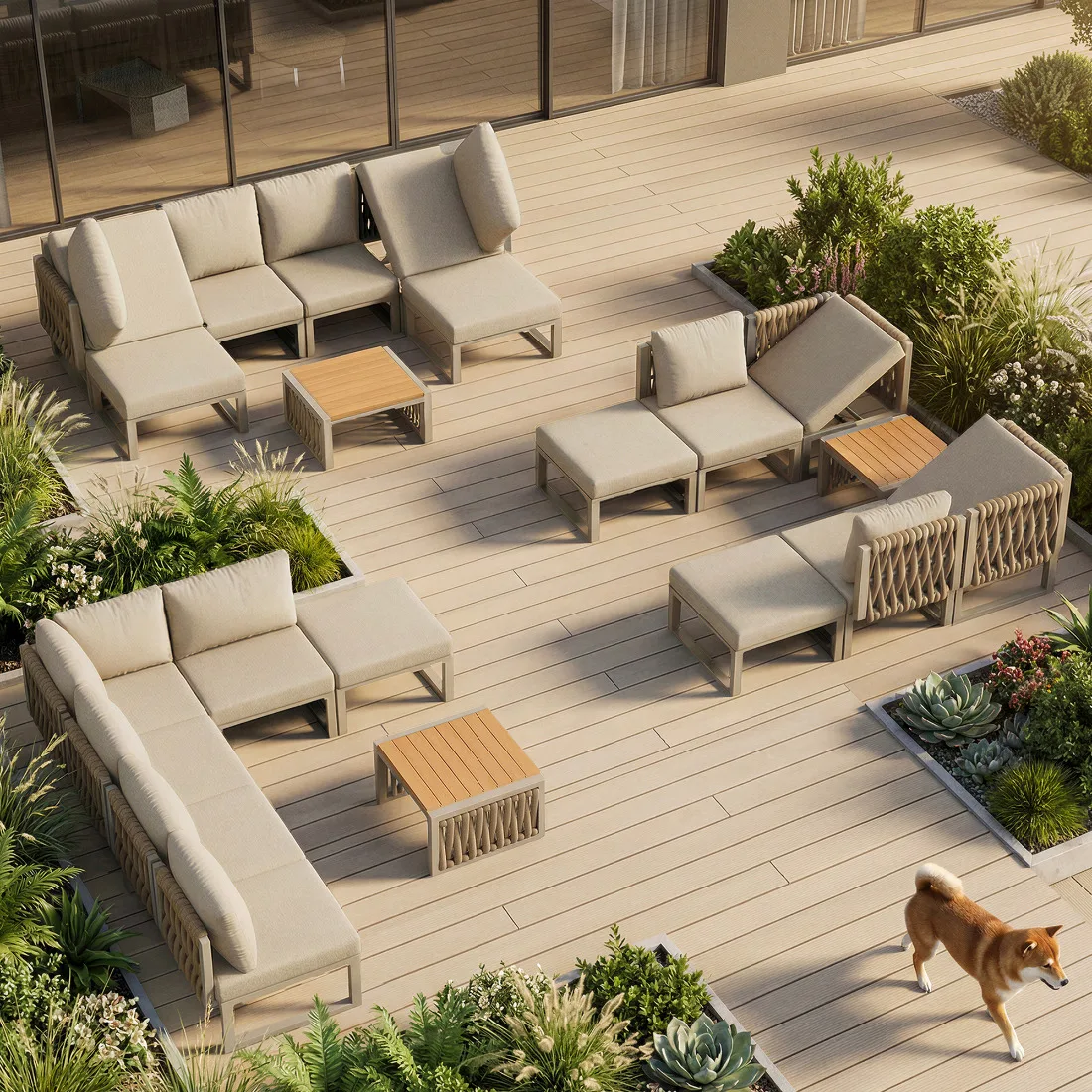 Beiges Gartenmöbel-Set für den Außenbereich, 6-Sitzer-Loungesessel & Doppelliege, verstellbare Rückenlehne, gepolstert