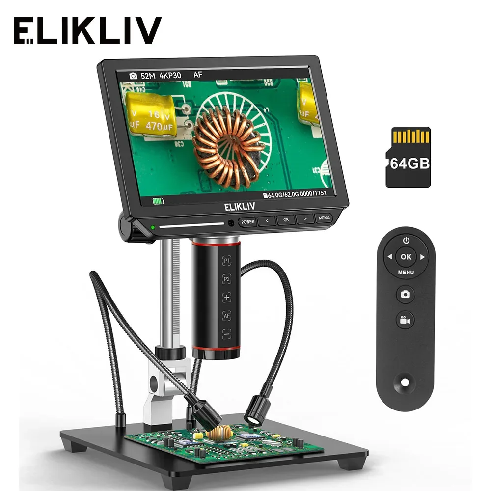 Elikliv EM4K-AF 4K Digitalmikroskop Autofokus 2000x 8" HDMI Lötmikroskop für elektronische Reparaturen mit 10" Ständer 64G Karte Image
