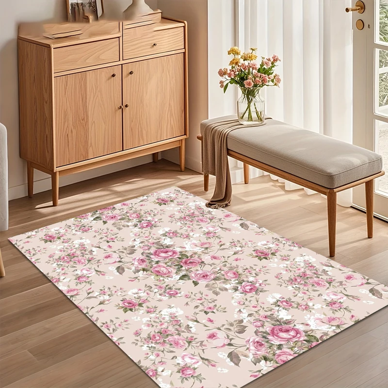Hellrosa Rosen-Blumen-Medaillon Teppich für Wohnzimmer Schlafzimmer Shabby Chic Wohndekor Weicher Rutschfester Waschbarer Bodenteppich Image