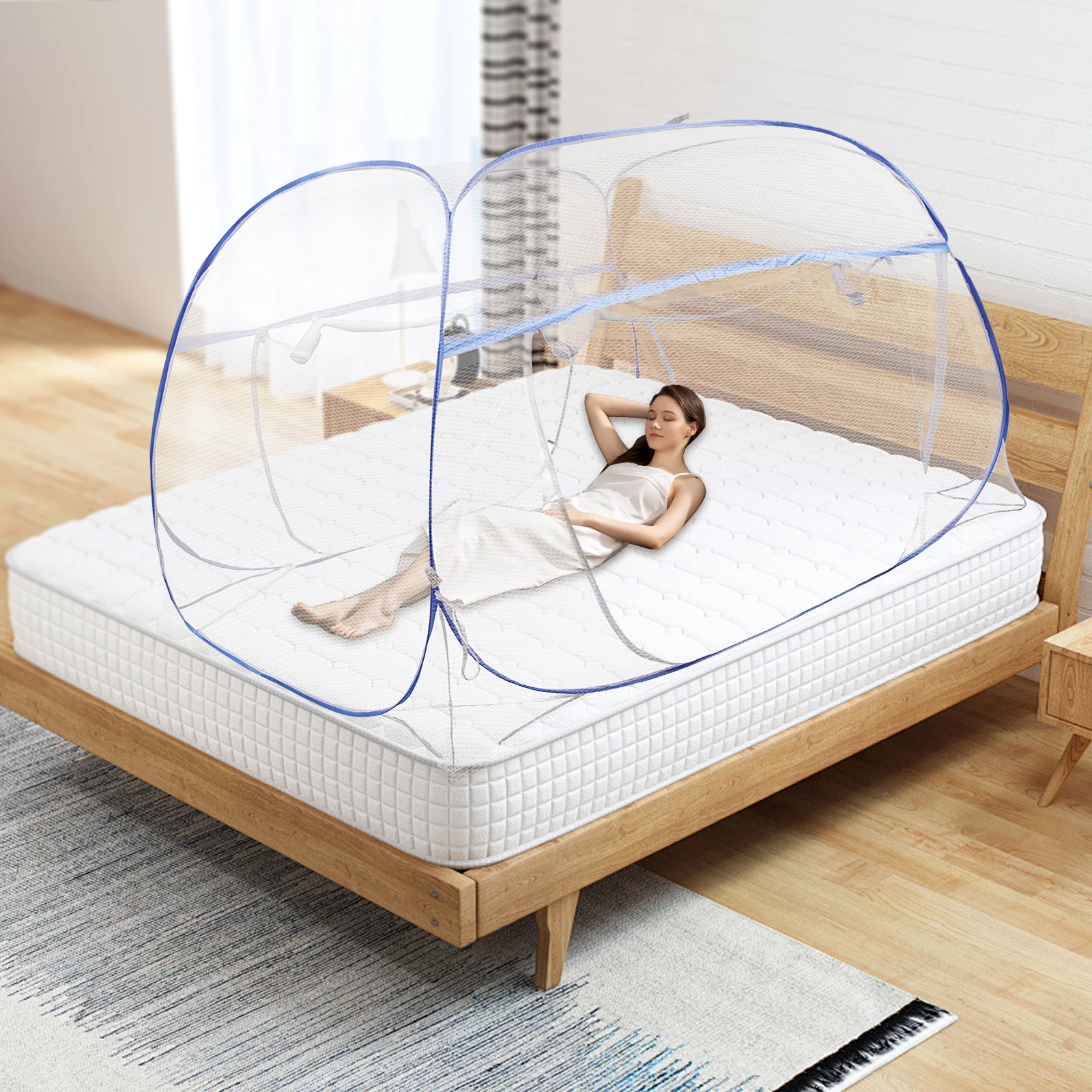 Bett-Baldachin Moskitonetz mit Doppelreißverschluss Faltbares Bett-Netz 3-Türiger Anti-Mücken Bettvorhang für 1,8m Breite Queen-Size-Betten Image