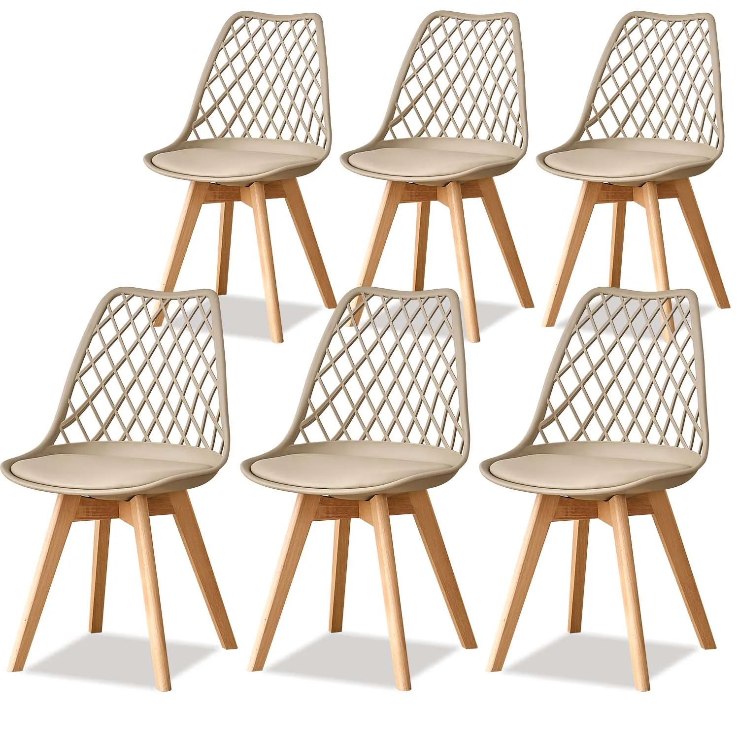 GrandCA HOME 6x Nordische Mittelalterliche Esszimmerstühle PU Gepolsterter Sitz Holzbeine Netzrücken für Esszimmer Schlafzimmer Balkon Restaurant Image