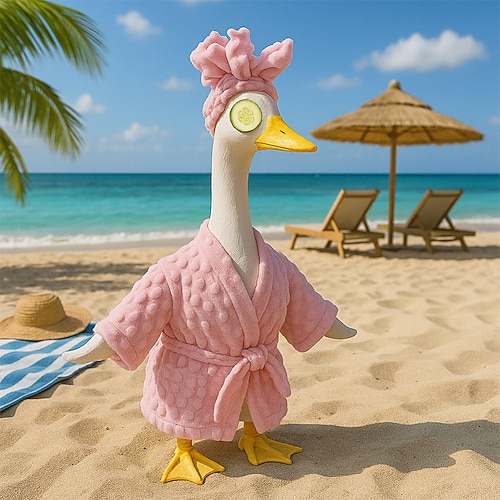 3-teiliges Wellness-Outfit für eine große Verandagans, bestehend aus rosa Bademantel und Turban mit Gurken-Augenmaske, niedliche Gartengans-Kleidung für die Außendekoration, ideal als Ostergeschenk Image
