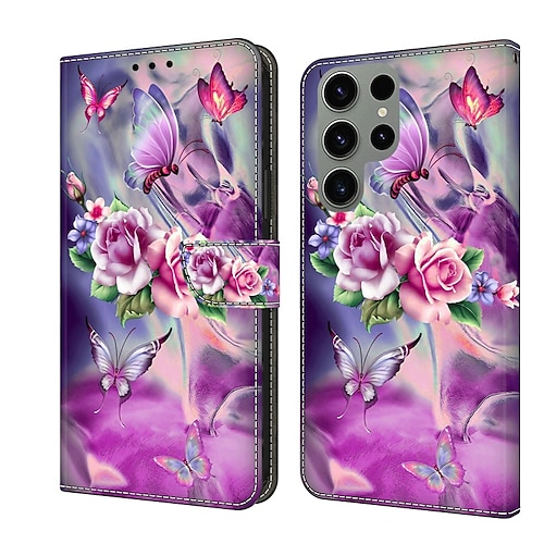 Handy Hülle Handyhüllen Für Samsung Galaxy S26 Ultra Plus S25 S23 S22 S21 FE S21 Ultra Plus A14 A53 A13 A23 Brieftaschenhülle Mit Kartenhalter Magnetischer Flip Ständer Grafik Schmetterling Blume TPU Image