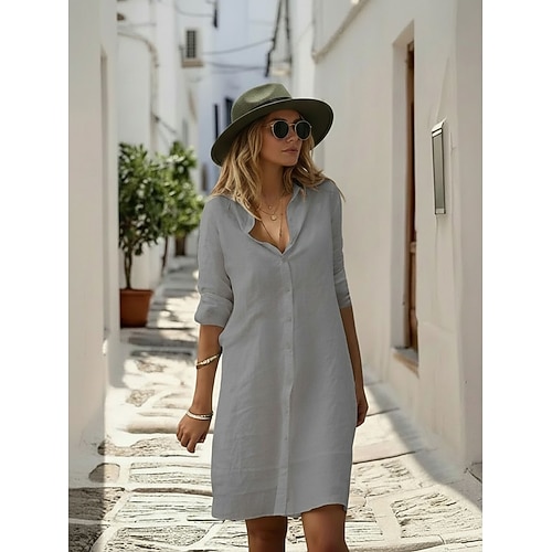 Damen Knielanges Kleid Baumwoll Mischung Hemdblusenkleid Baumwoll-Leinenkleid Mode Modern Täglich Outdoor Urlaub Lässiger Schnitt Einfach Ärmellos Hemdkragen Schwarz Weiß Grau Leicht Blau Sommer Image