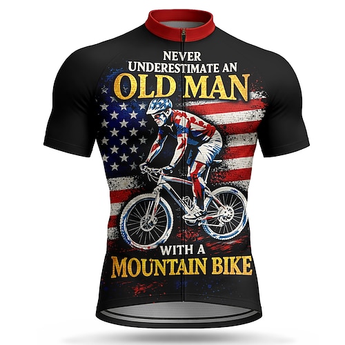 Amerikas 250. Jahrestag Tag der Unabhängigkeit Amerikanischer Unabhängigkeitstag Herren Radtrikot Amerikanische US-Flagge Unterschätze niemals einen alten Mann mit einem Fahrrad Kurzarm Fahhrad Image
