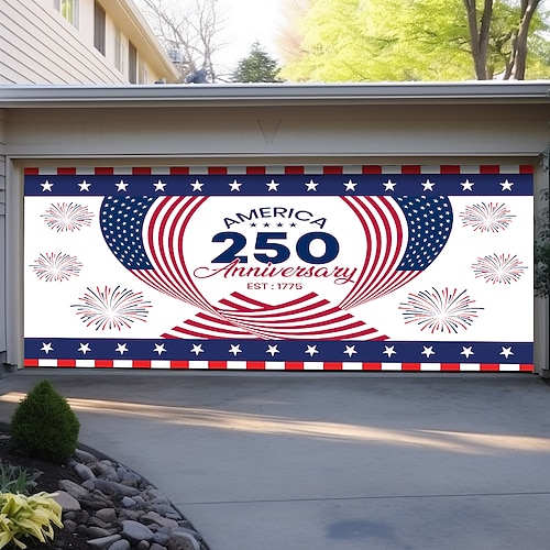 Amerika 250. Jahrestag 1775, gewellte amerikanische Flagge mit Sternen und Streifen, Feuerwerk, Garagentorbanner, patriotische Außendekoration, Unabhängigkeitstag, 4. Juli, Feierlichkeiten, Image