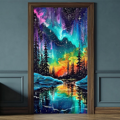 Nordlichter, borealis-Wald, Türbanner, Sternenhimmel, Baumsilhouetten, Seespiegelung, Winterlandschaft, Türverkleidung für Schlafzimmer, Wohnzimmer, Wandbild Image