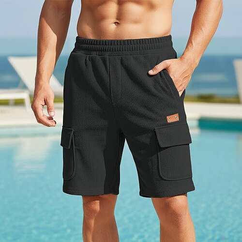 Herren Cargo-Shorts Shorts Freizeitshorts Cordshorts Tasche Elastischer Bund Einfach Komfort Atmungsaktiv Kurz Outdoor Urlaub Alltagskleidung Mode Streetwear Schwarz Orange Mikroelastisch Image