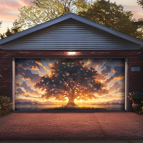 Japanischer Zen-Garten, Frühlingslandschaft, rosa Kirschblüten (Sakura), Pavillon, Bogenbrücke, Berg, Garagentor, Banner, Wandmalerei im Freien, Wanddekoration, Gartenparty-Kulisse Image