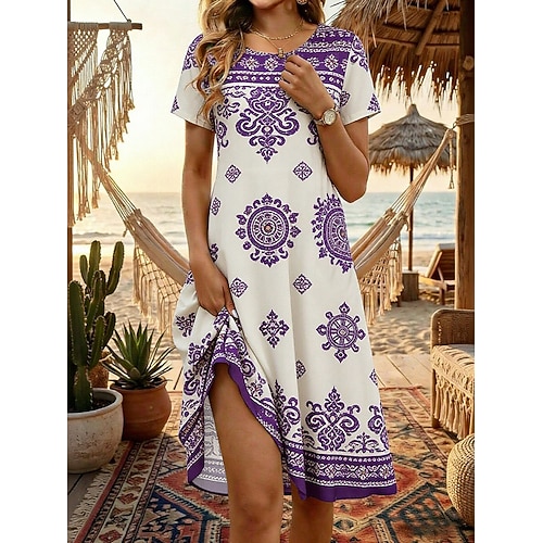 Damen Knielanges Kleid Boho-Kleid Strandkleid Sommerkleid Vintage Gotisch Täglich Strand Wochenende Normale Passform Blumen Kurzarm Rundhalsausschnitt Purpur Sommer Frühling Image
