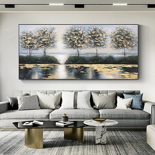 Handgefertigtes Ölgemälde auf Leinwand, Wandkunst, Dekoration, Blattgold, Wald- und Seemalerei, abstrakte Landschaftsmalerei für Wohnkultur, gerolltes, rahmenloses, ungedehntes Gemälde Image
