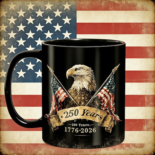 Amerikanischer Keramikbecher zum 250. Jahrestag, 330/450 ml (11,2/15,2 oz) für Kaffee, Tee, Milch oder Wasser, ideales Geschenk für Patrioten, Gedenkbecher für die Jahre 1776–2026 Image
